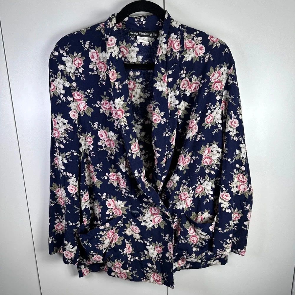 VTG Craig Clothing Womens S Navy Blue Floral Blazer‎ Cottage Feminine Dopamine